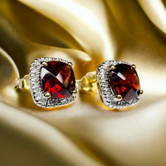 10K Gold- Natural Indian Garnet & Halo Diamond Earrings -Cushion Cut- 8.5mm-1.9g - Picture 13 of 16